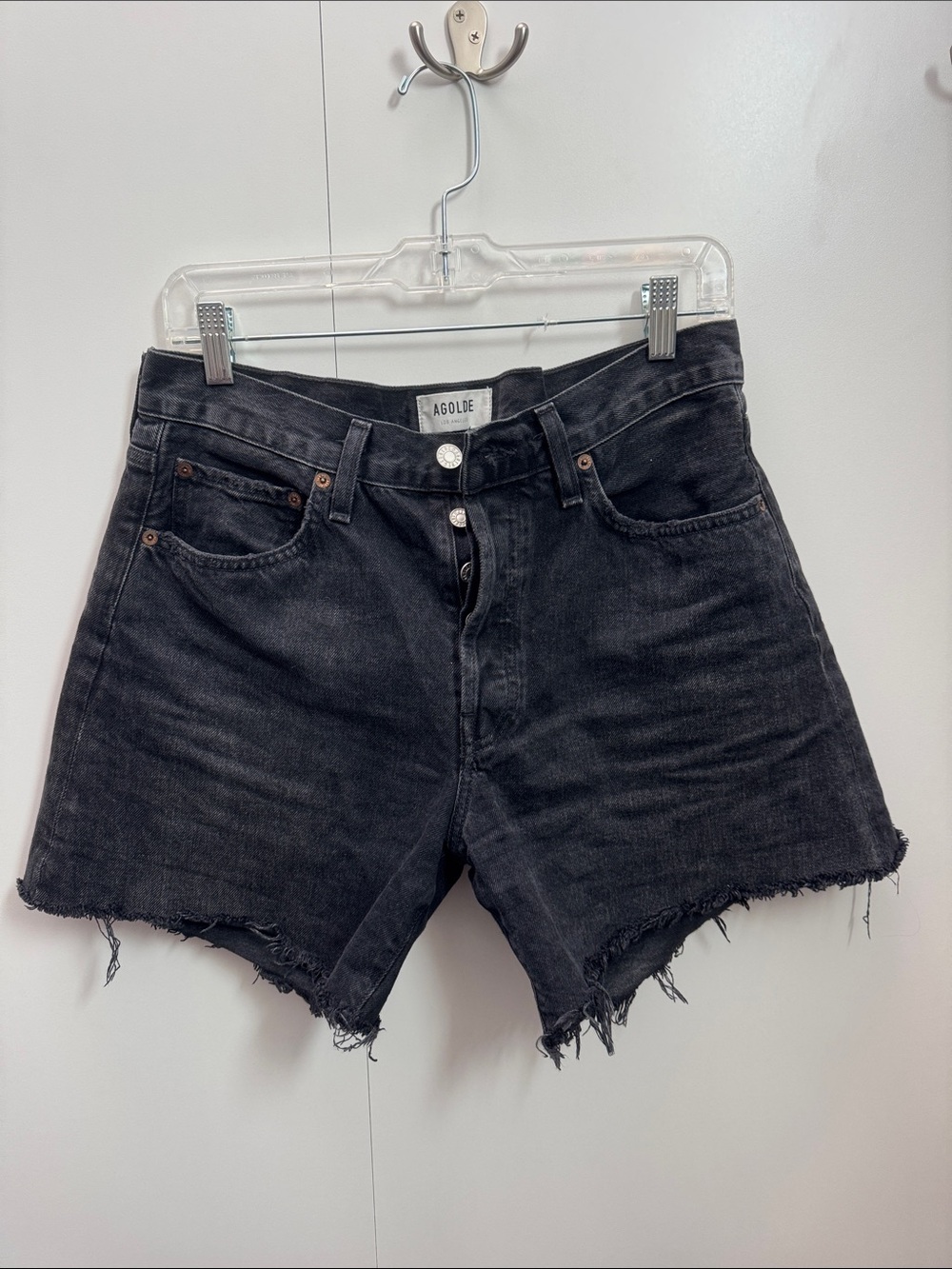 Agolde Parker Long Washed Black High-Rise Cutoff Denim Shorts